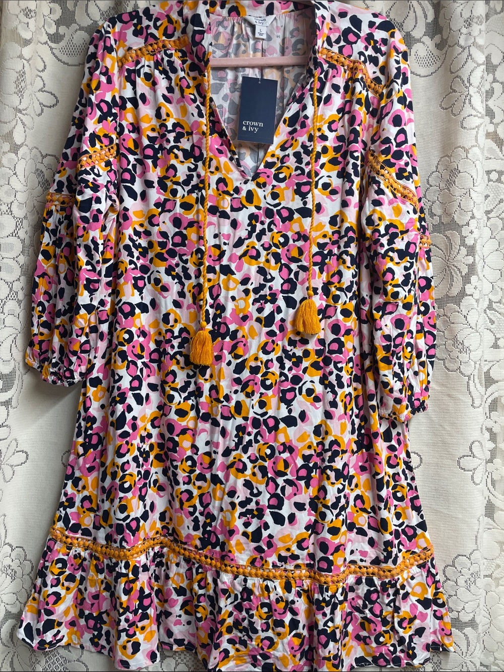 Crown & Ivy Pink, Orange & Dark Blue Leopard Tassel Ruffle Dress NWT Size LG.